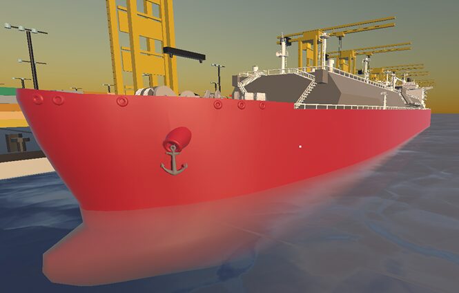 Nava ARISTOS I în port — scenă 3D la apus