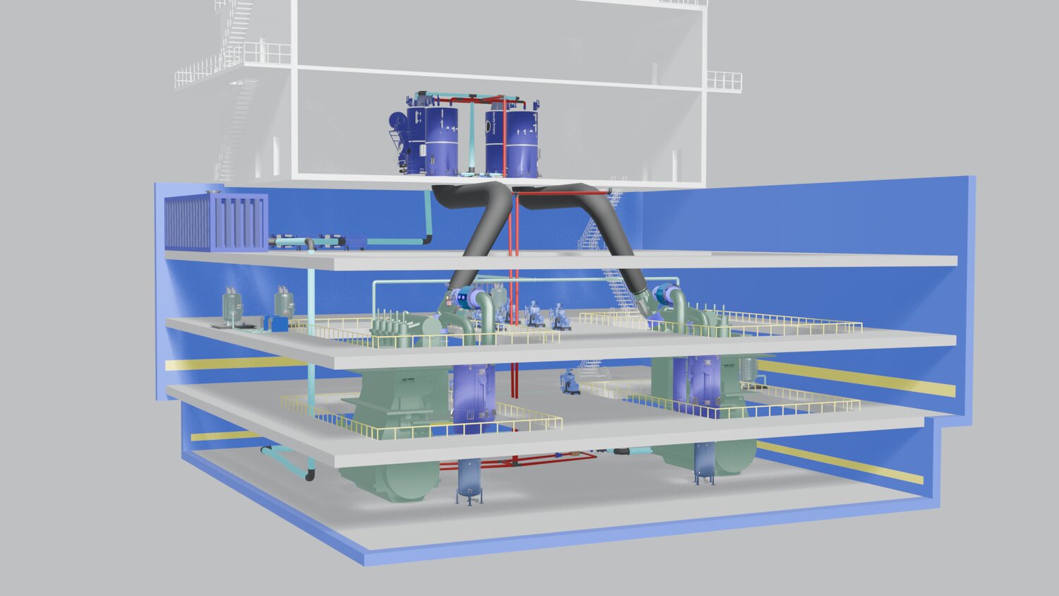 Sala mașinilor — vedere secționată a modelului 3D